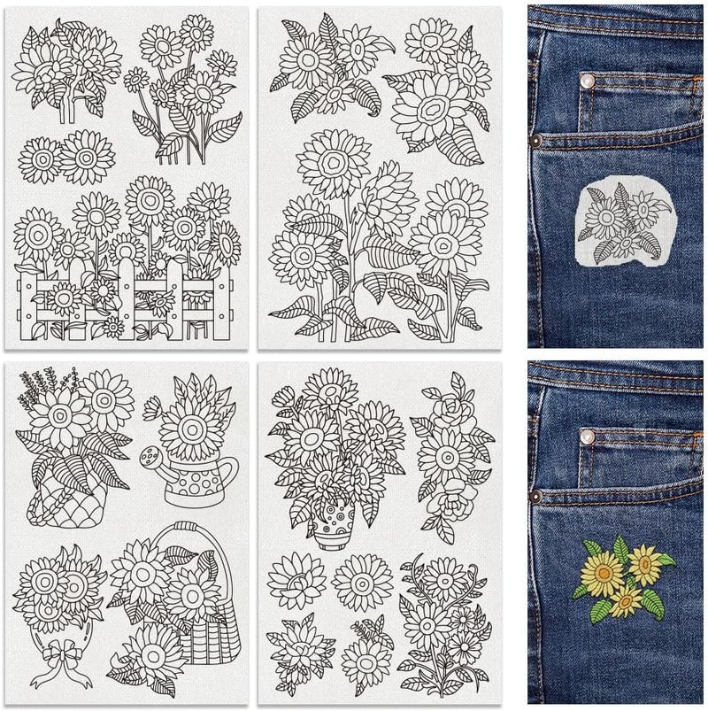 DOODLREAM 18Pcs Sunflowers Bouquets Embroidery Pattern Stabilizers, 8.3"x11.7" Sunflower Water Soluble Stick and Stitch Embroidery Stickers, 4 Sheets Floral Hand Sewing DIY Embroidery Paper - Image 1